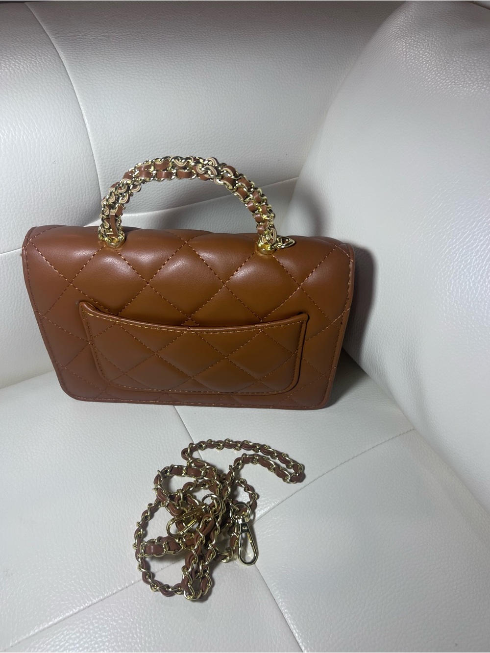 Quilted Brown Leather Mini Top-Handle Bag with Gold Chain